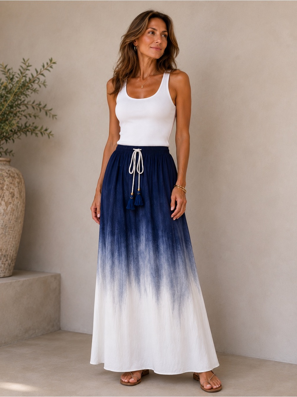 New Maaji Maxi Blue white Beach to Bar Tye Die Tassle Skirt Sz S